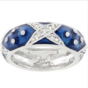 Silver Blue Enamel Ring Cubic Zirconia Size 9 10